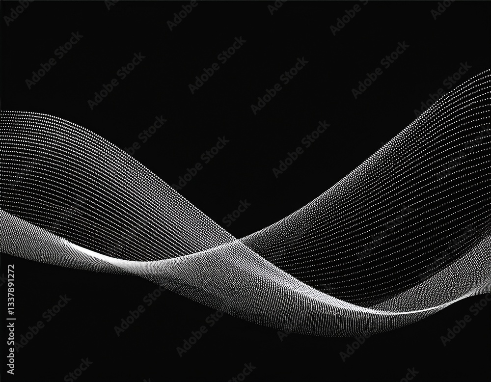 Poster wide image of abstract white color moving smoke wave created with dots in black background.