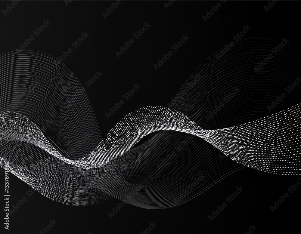 Poster wide image of abstract white color moving smoke wave created with dots in black background.