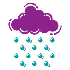 The image depicts a cartoon style illustration of a purple cloud with teal raindrops falling below.