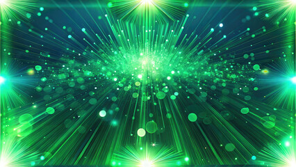 Naklejka premium Abstract background with green glowing rays and bokeh dots. Big data concept. Vector for banner. Green tech wallpaper.