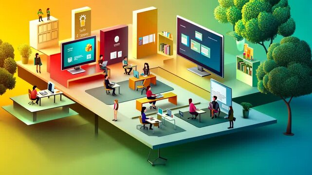 A vibrant, isometric illustration of a futuristic digital learning space where students engage in online education, collaboration, and technology-driven study. The scene features interactive screens