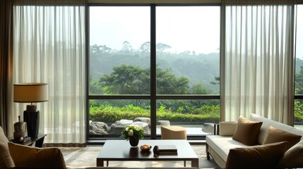 27.Contemporary room featuring elegant sheer curtains layered with motorized roller blinds, hanging over tall glass windows with a view of a serene outdoor landscape.