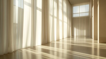 Obraz premium 34.Spacious room featuring sheer white curtains hanging gracefully over a tall window, with sunlight filtering through, illuminating the clean lines of the space and a smooth, neutral-toned floor.