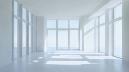 Obraz premium 48.Modern Scandinavian interior featuring an open, white room with natural light flooding through large windows, minimal decor, and clean architectural lines for a tranquil and airy feel.