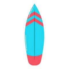 This image displays a cartoon-style surfboard with bright colors against a green and blue backdrop.