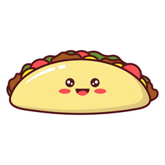 This image depicts a smiling cartoon taco filled with vegetables and meat against a dark background.