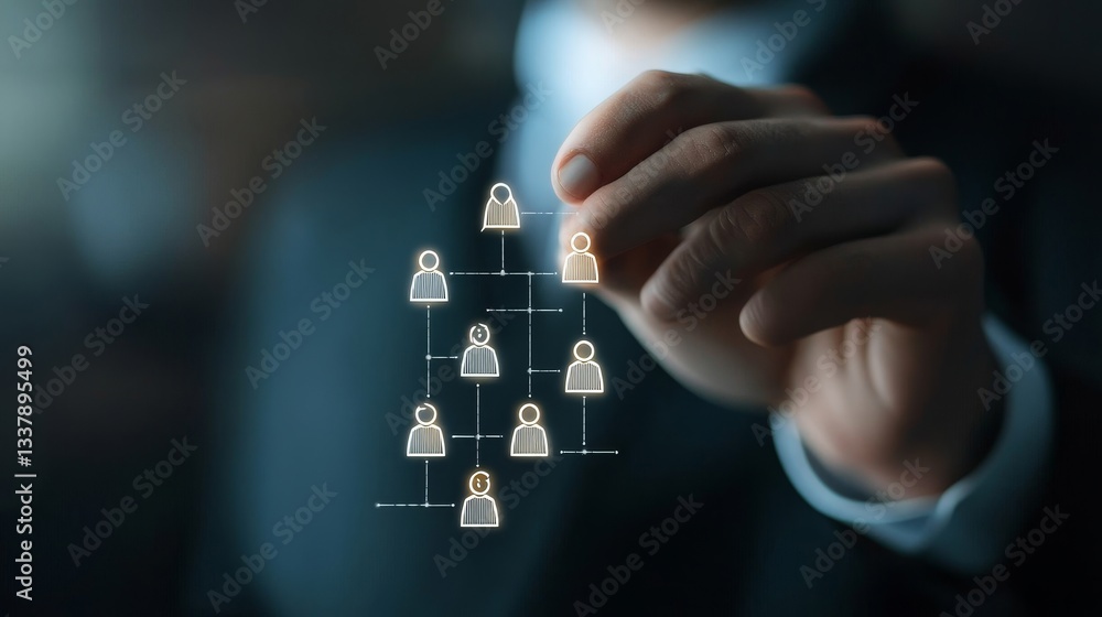 Poster businessman creating organizational hierarchy with digital interface