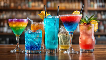 A vibrant and colorful display of cocktails on a bar counter, each drink showcasing bright and distinct colors such as blue, red, yellow, and green