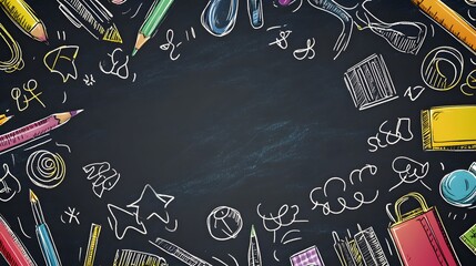 Back to School: Colorful Stationery Supplies on Chalkboard