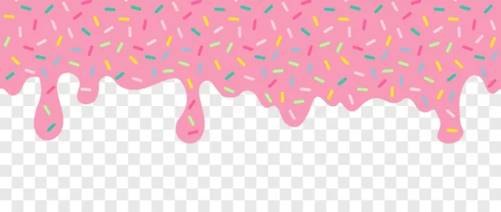 Crédence en verre imprimé Simple Sprinkle pattern. Pink liquid with multicolor sugar sprinkles dripping on transparent background. Glaze for donut, ice cream or muffins with falling decorative candies. Vector Illustration.