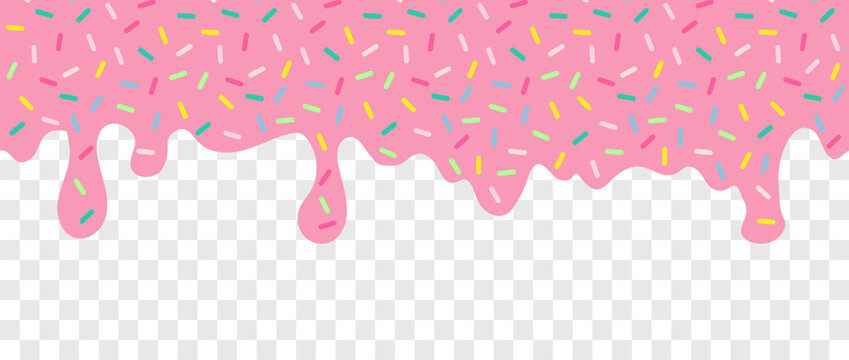 Fototapeta Simple Sprinkle pattern. Pink liquid with multicolor sugar sprinkles dripping on transparent background. Glaze for donut, ice cream or muffins with falling decorative candies. Vector Illustration.