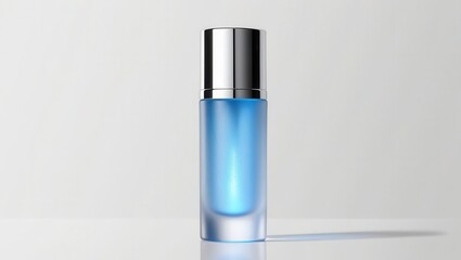 A sleek, modern blue cosmetic bottle with a silver cap, set against a minimalistic background, suggesting elegance and cleanliness.