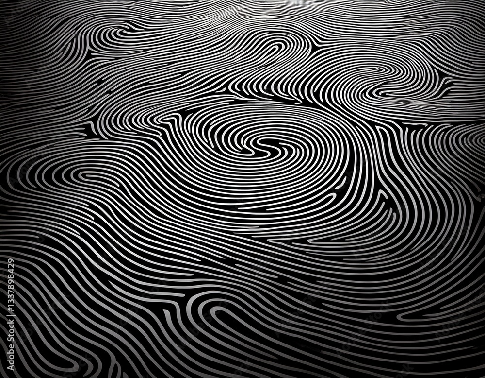 Poster abstract black and white wave squiggle doodle fingerprint style maze pattern
