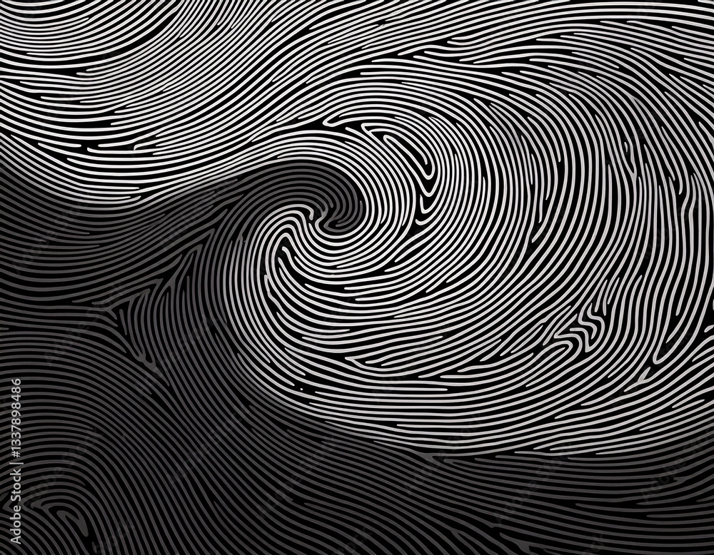 Poster abstract black and white wave squiggle doodle fingerprint style maze pattern