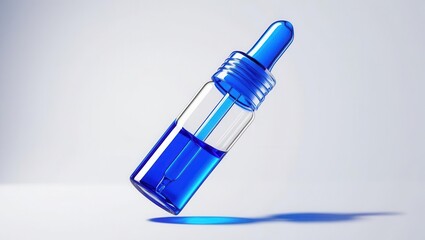 A blue dropper bottle with a transparent body, suspended in mid-air, casting a subtle shadow on a light background.