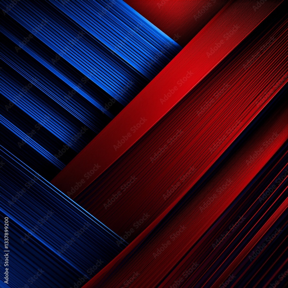 Poster blue and red geometric abstract background overlaps layer on dark space with diagonal lines decor