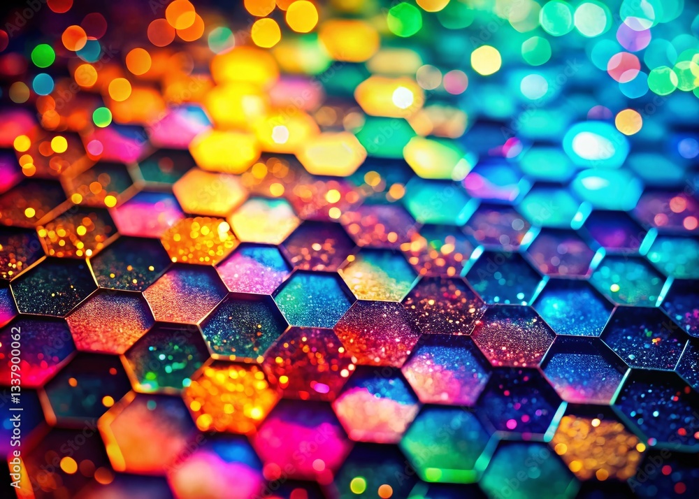 Aufkleber vibrant neon hexagonal abstract background with bokeh and glitter