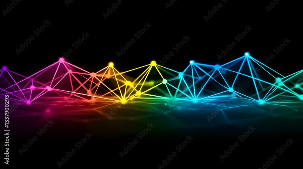 Poster an image showing a network of interconnected nodes and lines, glowing with vibrant rainbow colors ag