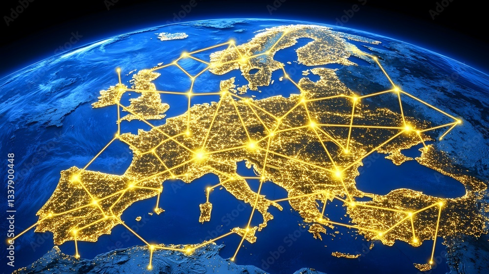 Poster a nighttime satellite image of europe displays a network of illuminated lines connecting major citie