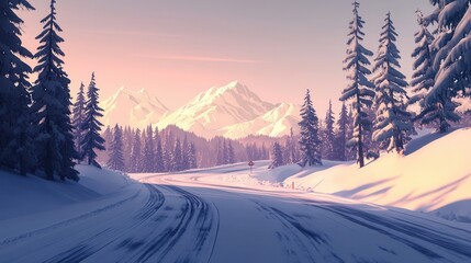 Obraz premium Snowy Mountain Road at Sunset
