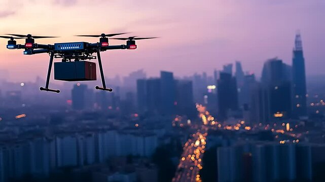 A drone delivering a package over a bustling city skyline at dusk, with lights twinkling below