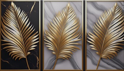 3d wall art design, three-panel composition of palm leaves in silver and gold,