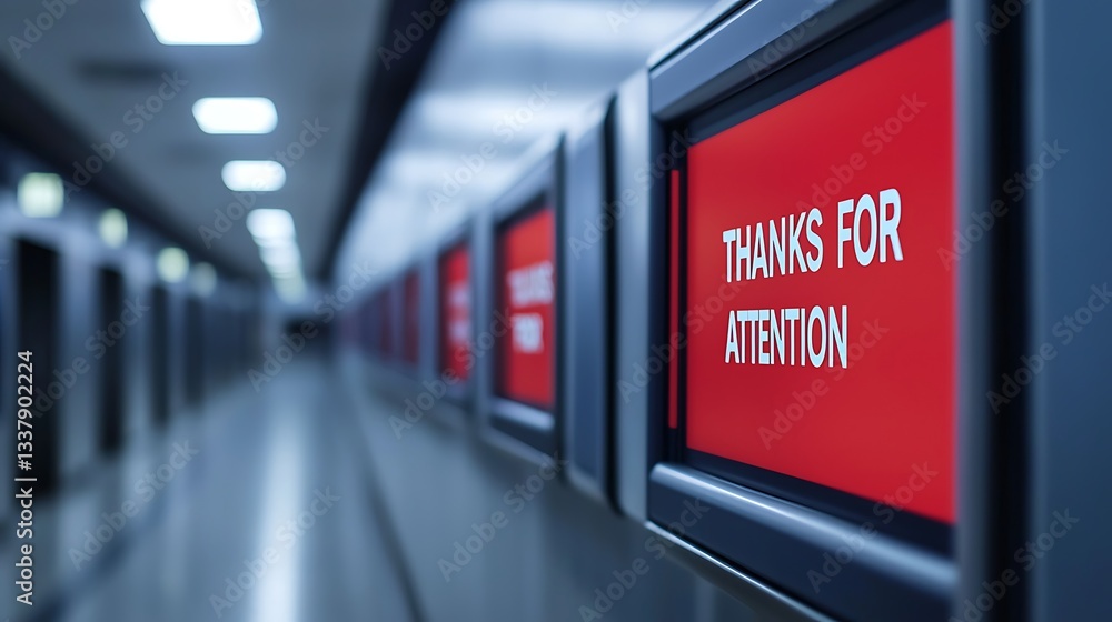 Poster a corridor featuring illuminated screens displaying a message that reads 