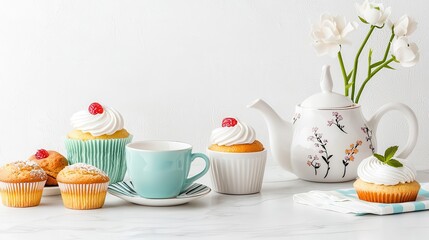 Delicious cupcakes with tea set on the table, bright and inviting scene.