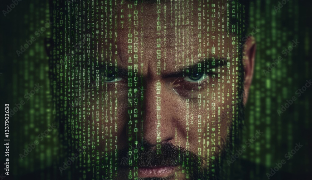 Poster a male face profile with digital code projection, a green matrix background, and binary numbers over