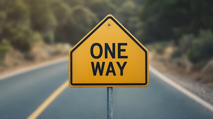 A vibrant yellow "One Way" traffic sign stands on an empty road, guiding drivers along a single direction through a natural landscape.