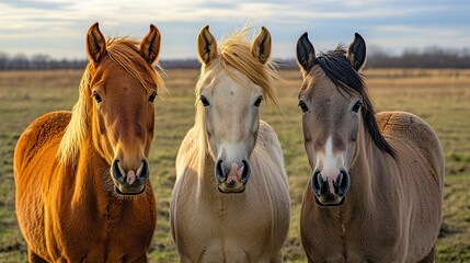 Fototapeta premium Group of three young horses on the pasture 