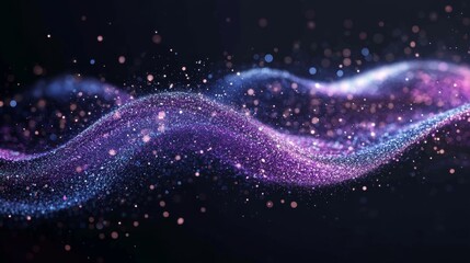 Obraz premium On a dark background, pink and blue neon light trails create glowing curved lines, enhanced with dynamic motion, sparkles, and bokeh for technology design