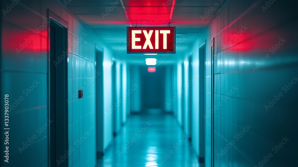 Aufkleber a dimly lit corridor with a bright red 
