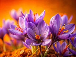Naklejka premium Vibrant Purple Saffron Flowers Close-Up, Soft Orange Background, Nature Photography