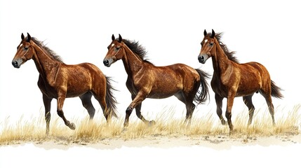 Obraz premium Group of three young horses on the pasture, on white background 