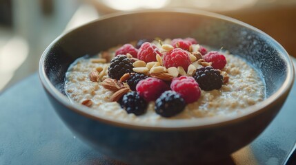 Creamy oatmeal breakfast bowl topped with raspberries, blackberries, and almonds.
