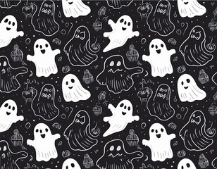 Obraz premium Halloween modern ghost cartoon seamless pattern illustration. Black and white October holiday