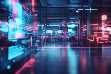 Blurred neon cyberpunk office space with IT overlays, representing finance, operations, and marketing strategies