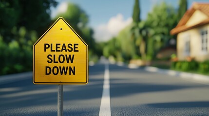 A warning sign instructing drivers to slow down, positioned beside a quiet road with greenery and houses in the background.
