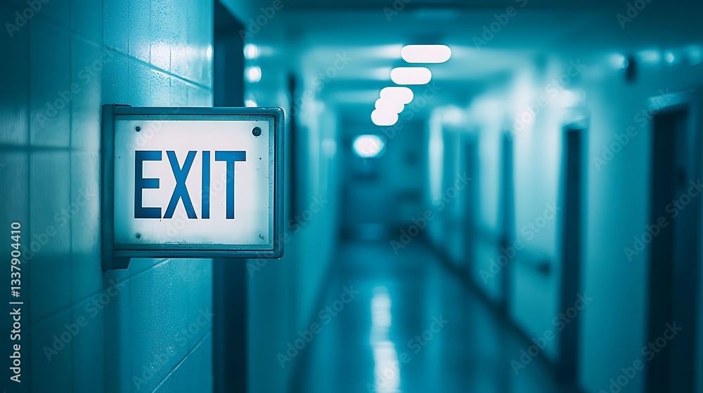 Aufkleber a dimly lit corridor featuring an illuminated exit sign, creating a sense of direction and urgency i