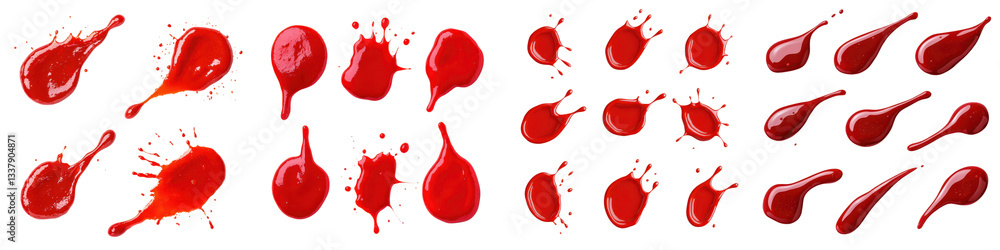 Poster a collection of dynamic splattered ketchup or tomato sauce stains and blobs in various shades of red