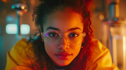 Wearing scrubs and a stethoscope, an African American female doctor works late into the night on her laptop, with the city lights blurred in the background, illustrating her commitment to healthcare