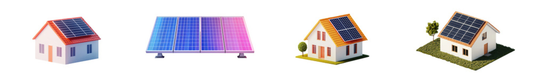 Collection of modern eco friendly houses equipped with renewable solar energy panels showcasing sustainable energy technology for residential living