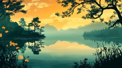 Serene Sunset over Calm Lake with Mountain Reflections