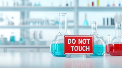 A laboratory scene featuring colorful liquids in flasks, with a prominent "DO NOT TOUCH" sign warning against interference.