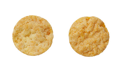 Two pieces of food with a yellow crust