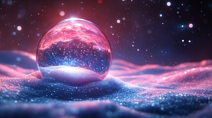 Obraz premium Crystal ball on snowy landscape with vibrant nebula reflections.