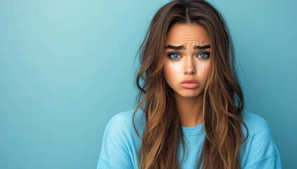 Fototapeta premium A young Caucasian woman displaying a grimace of disgust or displeasure, captured in a close-up portrait against a blue backdrop, highlighting her emotional response