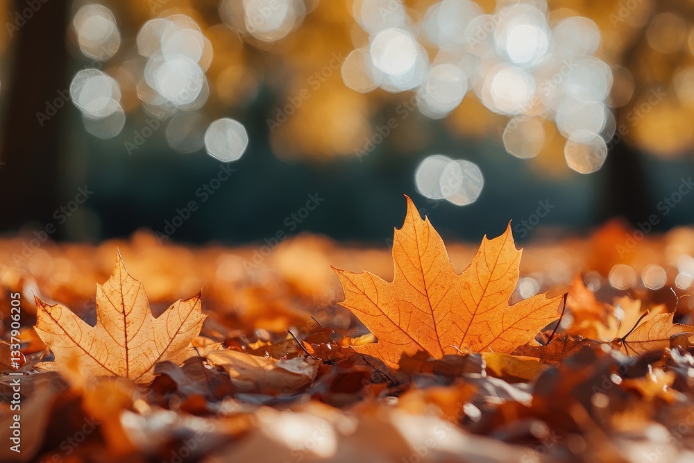 Poster fallen orange maple leaves on the ground with a soft and blurred bokeh background