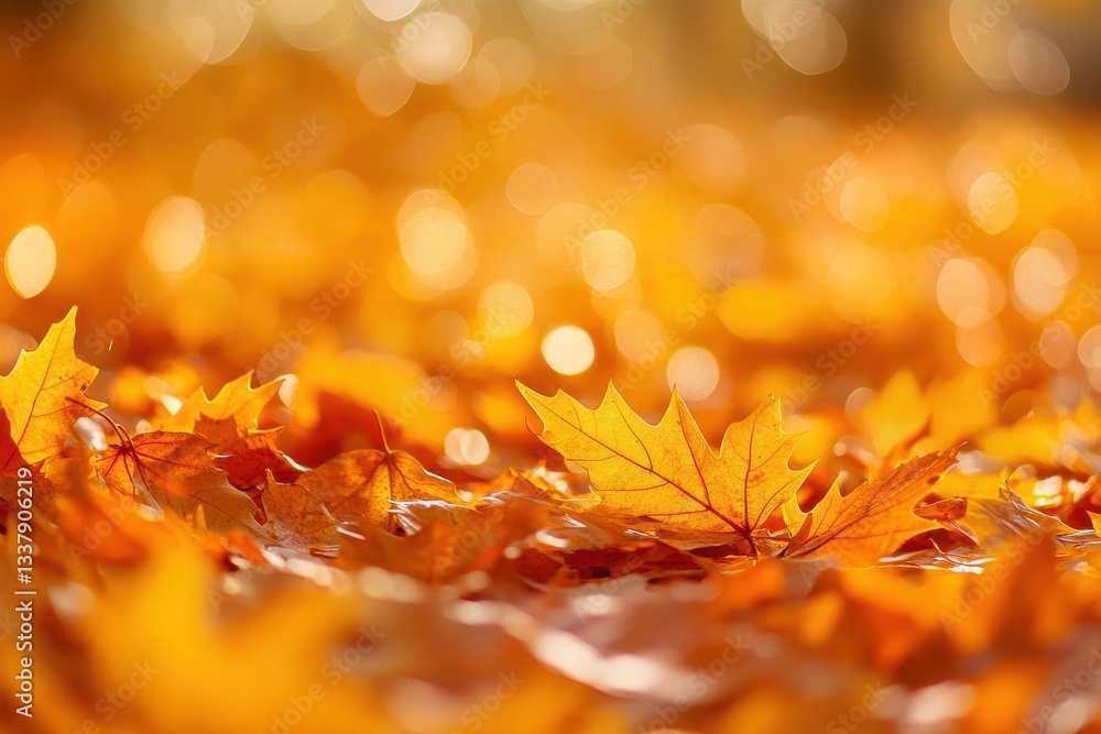 Poster orange maple leaves lay on the ground with a mesmerizing bokeh defocused backdrop